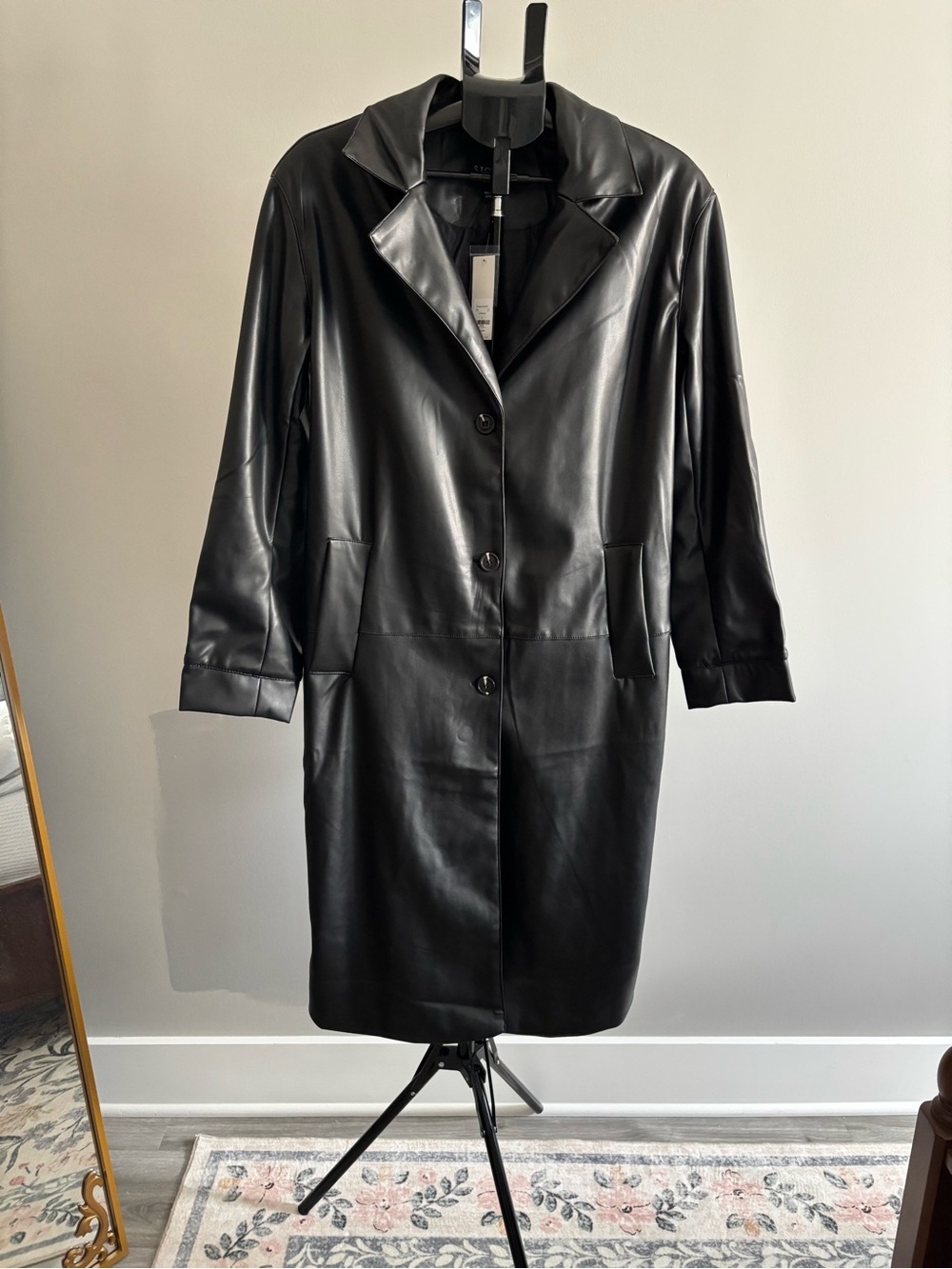 Stoosh Black Faux Leather Belted Button-Front Coat